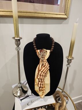 Striped Brown & Orange Statement Tie with Beaded Necklace